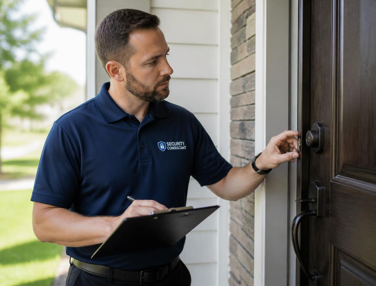 SafeHouse consultant inspecting a residential entry door and lock