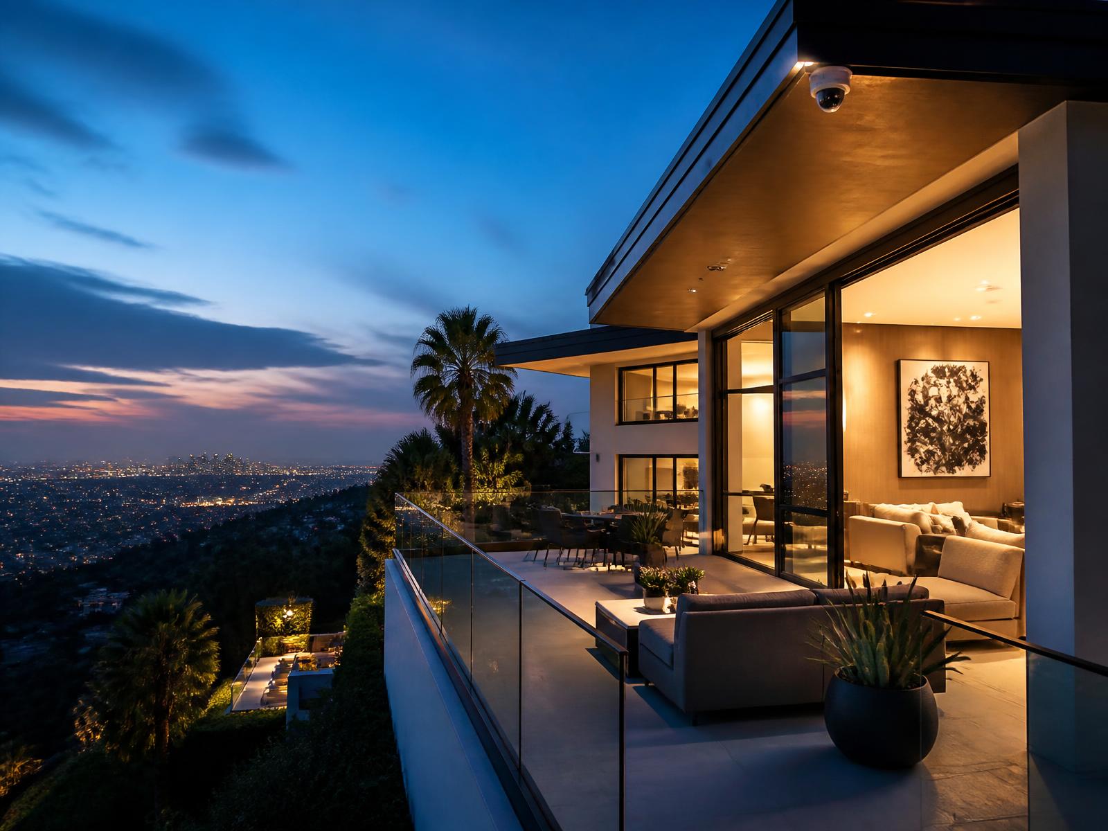 Modern Los Angeles hillside home lit at dusk with a discreet security camera